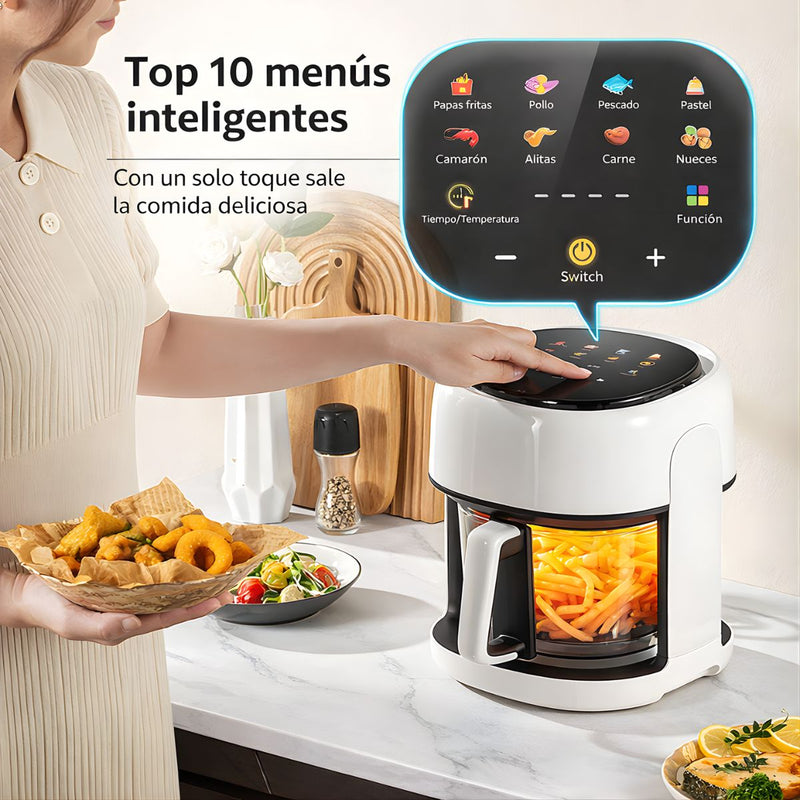 Freidora De Aire Digital De Vidrio 4.5L Con Pantalla Táctil. Air Fryer 1350W Con Circulación De Aire 360°. Color Blanco.