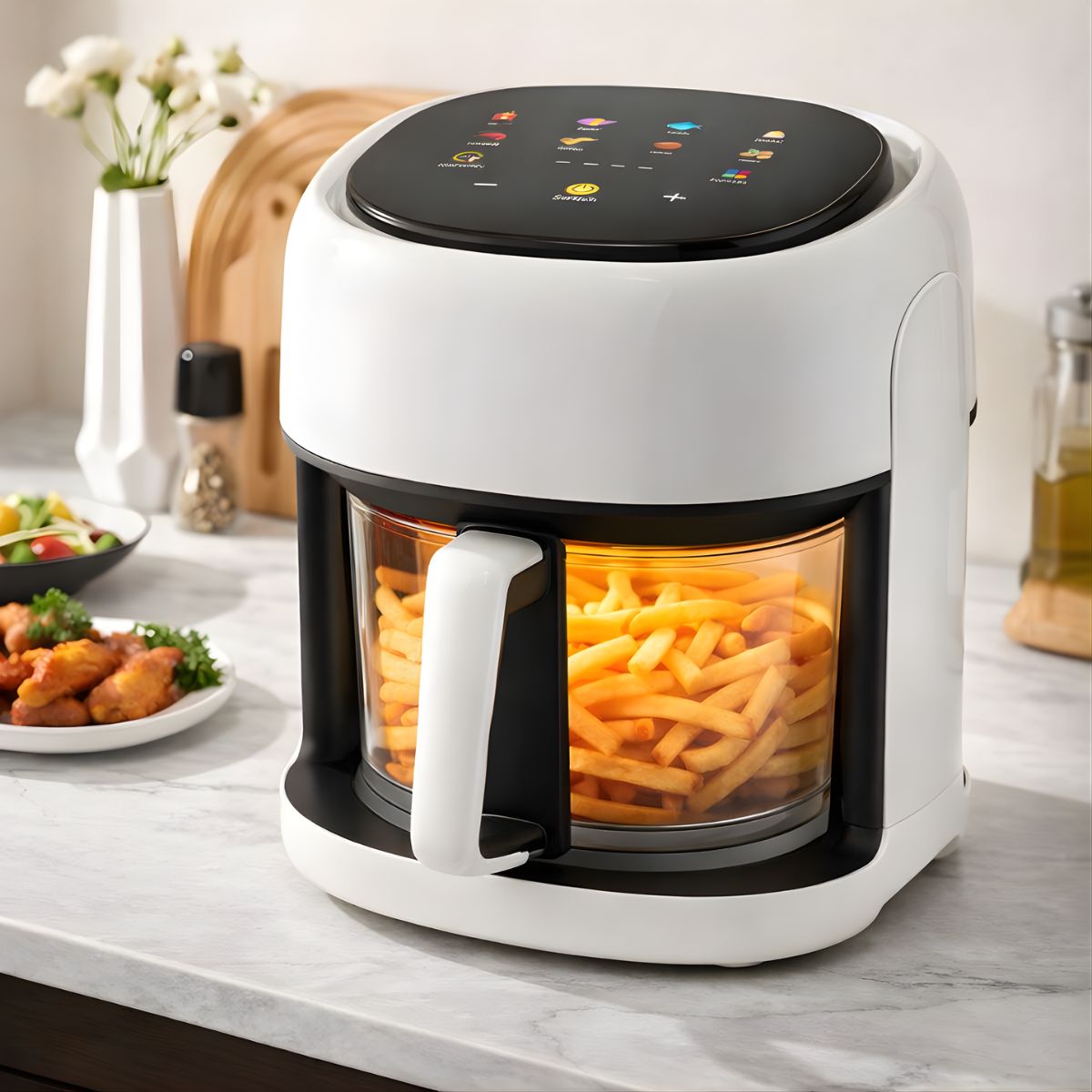 Freidora De Aire Digital De Vidrio 4.5L Con Pantalla Táctil. Air Fryer 1350W Con Circulación De Aire 360°. Color Blanco.