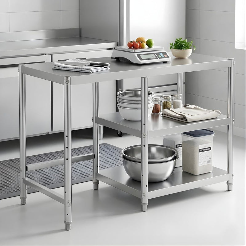 Mesa De Trabajo De Acero Inoxidable 100x40x80cm. Mesa Industrial Con 2 Niveles De Almacenamiento. Estación De Cocina Profesional.