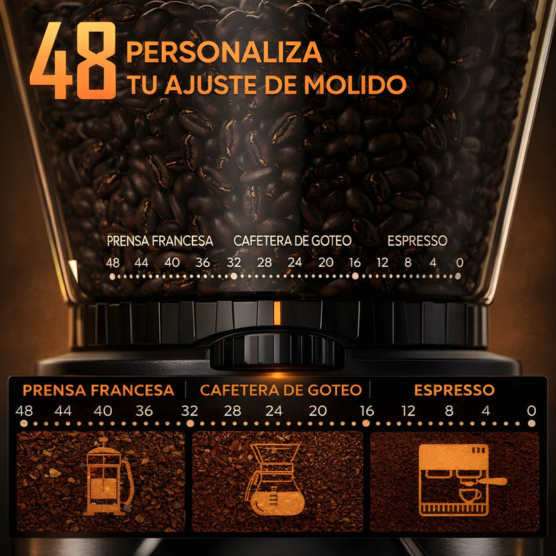 Molino De Café Eléctrico Profesional Con Pantalla Táctil 110V. Ajuste De Molienda De 48 Niveles. Moledor de café Compatible Con Portafiltro 51-58 mm.