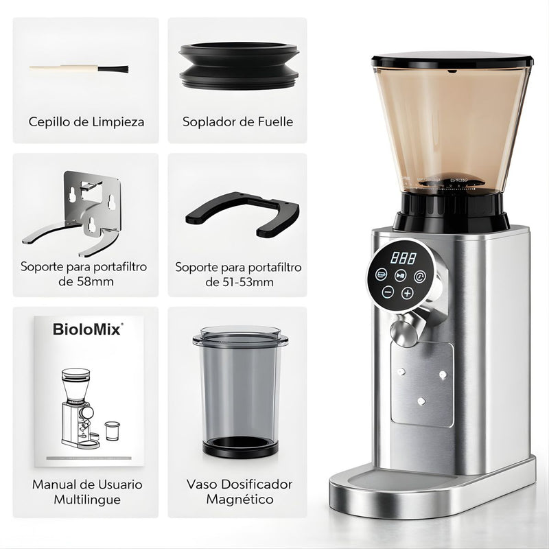 Molino De Café Eléctrico Profesional Con Pantalla Táctil 110V. Ajuste De Molienda De 48 Niveles. Moledor de café Compatible Con Portafiltro 51-58 mm.
