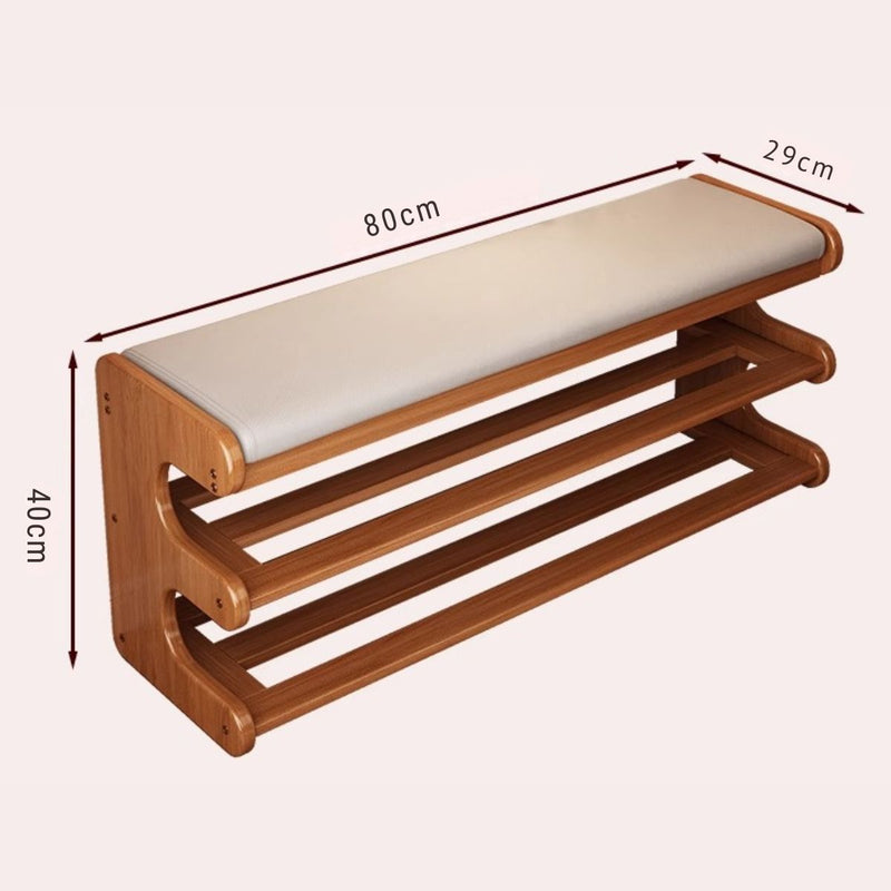 Zapatero de Madera con Asiento Acolchado y 2 Niveles. Organizador De Zapatos Multifuncional Con Asiento (80x29x40cm). Color madera con asiento gris