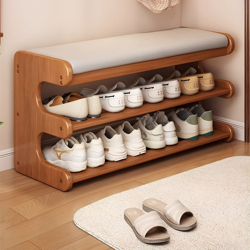 Zapatero de Madera con Asiento Acolchado y 2 Niveles. Organizador De Zapatos Multifuncional Con Asiento (80x29x40cm). Color madera con asiento gris