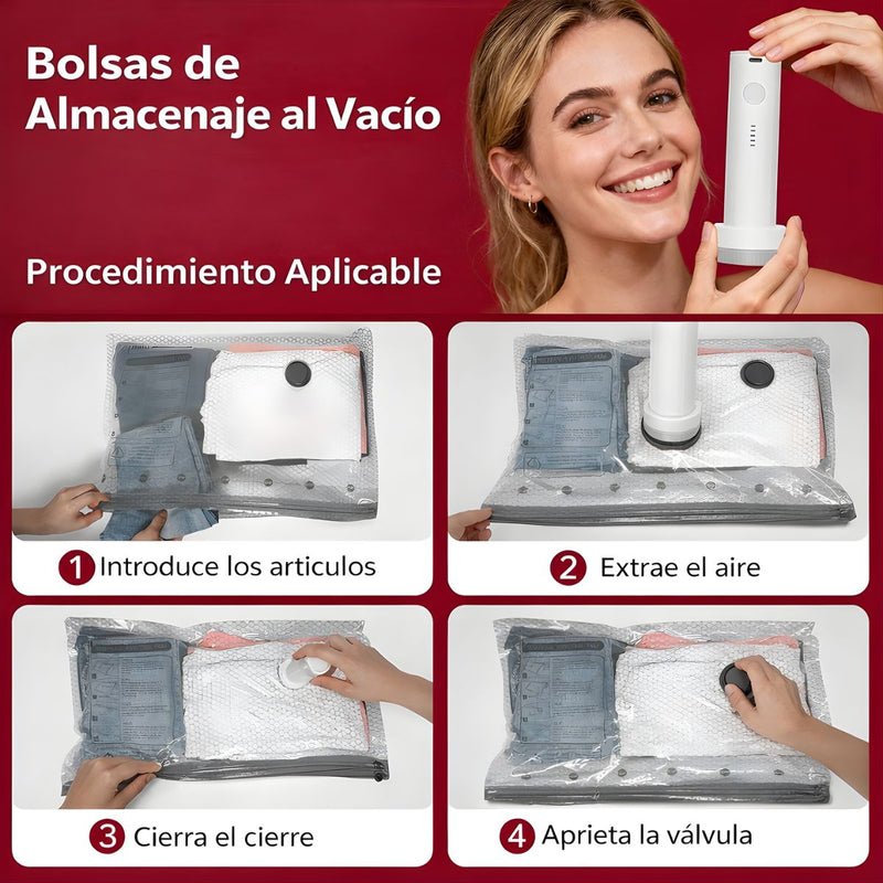 Bolsas De Almacenamiento Al Vacío Para Ropa. Set De 12 Piezas (S, M, L). Incluye Bomba Eléctrica Inalámbrica USB-C. Ideal Para Viajes.
