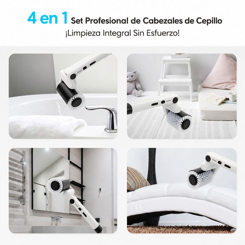 Cepillo Eléctrico de Limpieza 4 en 1 Inalámbrico con Mango Telescópico Ajustable y Cabezales Intercambiables. Color blanco.