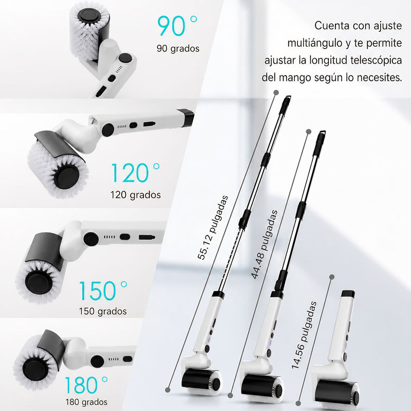 Cepillo Eléctrico de Limpieza 4 en 1 Inalámbrico con Mango Telescópico Ajustable y Cabezales Intercambiables. Color blanco.