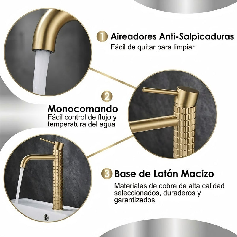 Llave De Lavamanos Individual. Grifo De Lavabo Color dorado. Pluma. Modelo alto (28.5cm). Incluye dos mangueras flexibles de 60cm.