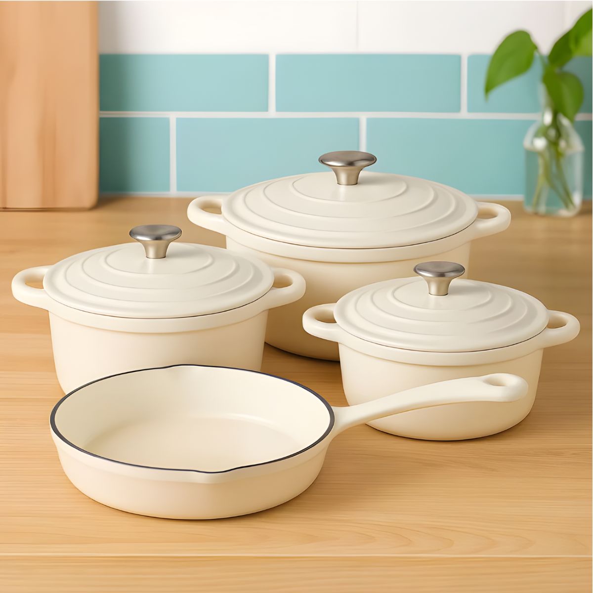 Ollas y sartenes De Hierro fundido Esmaltado Con Tapas. Apto para todo tipo de estufas. Set Color beige. (Juego De 4 Piezas).