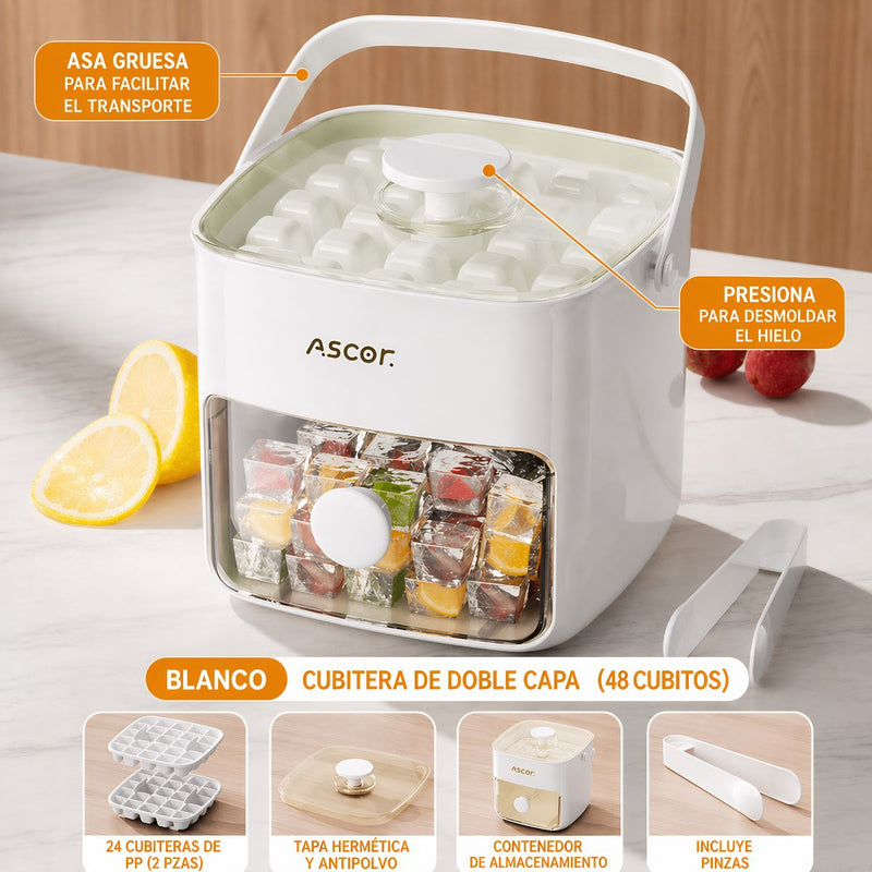Hielera para 48 Cubitos de Hielo con Tapa, Contenedor y Sistema de Presión.Doble Capa Y Pinzas. Color Blanco.