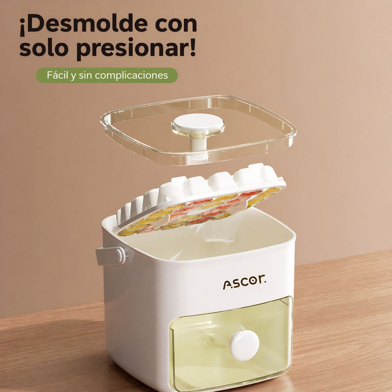 Hielera para 48 Cubitos de Hielo con Tapa, Contenedor y Sistema de Presión.Doble Capa Y Pinzas. Color Blanco.