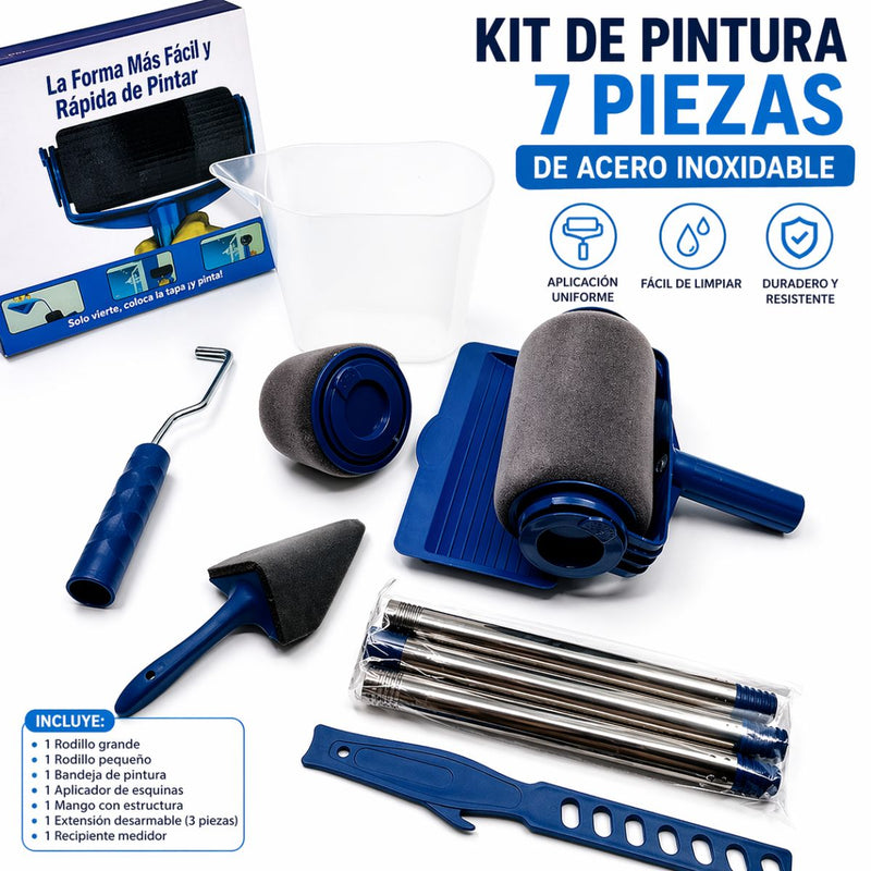 Rodillos De Pintura Recargables. Set de 7 Piezas. Sistema Antigoteo Para Pintar Paredes. Incluye Bandeja, Aplicador De Esquinas, Vaso Medidor y extensión.