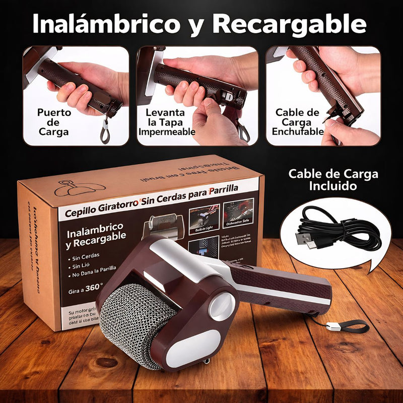 Cepillo eléctrico para barbacoa sin cerdas. Limpiador de parrilla inalámbrico recargable. Cepillo giratorio para asador. Color chocolate.