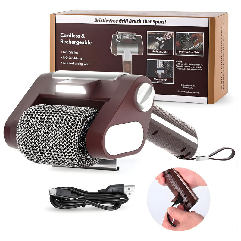 Cepillo eléctrico para barbacoa sin cerdas. Limpiador de parrilla inalámbrico recargable. Cepillo giratorio para asador. Color chocolate.
