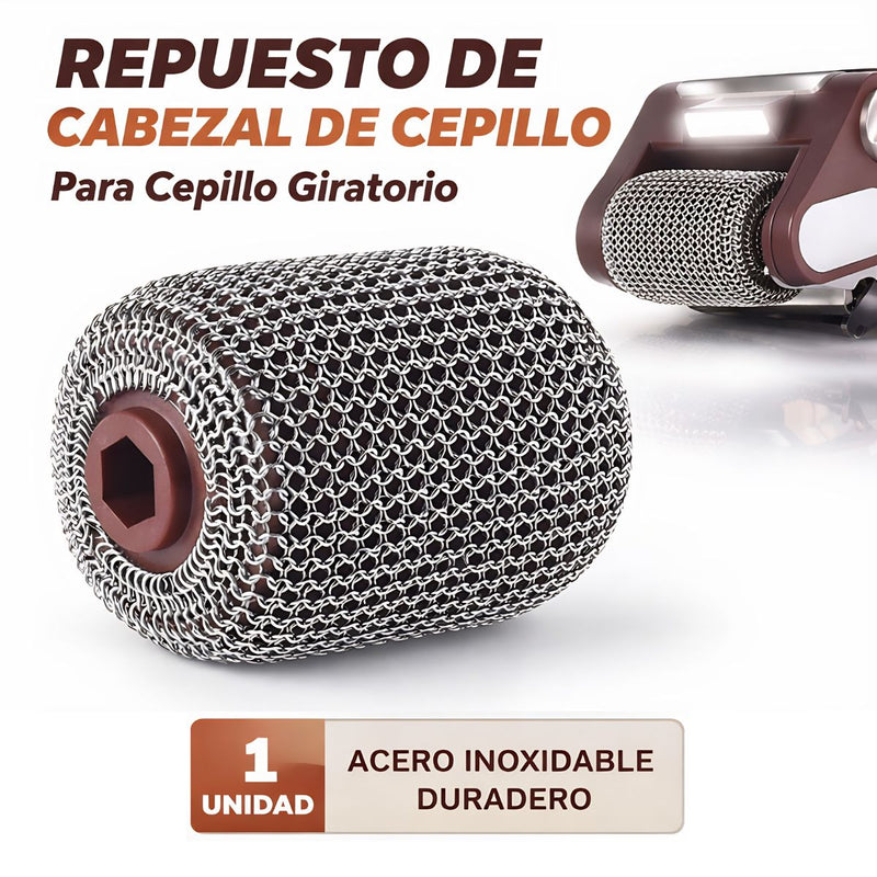 Repuesto de cabezal para cepillo de parrilla (Unidad). Rodillo de acero inoxidable para cepillo giratorio. Compatible con UR105.