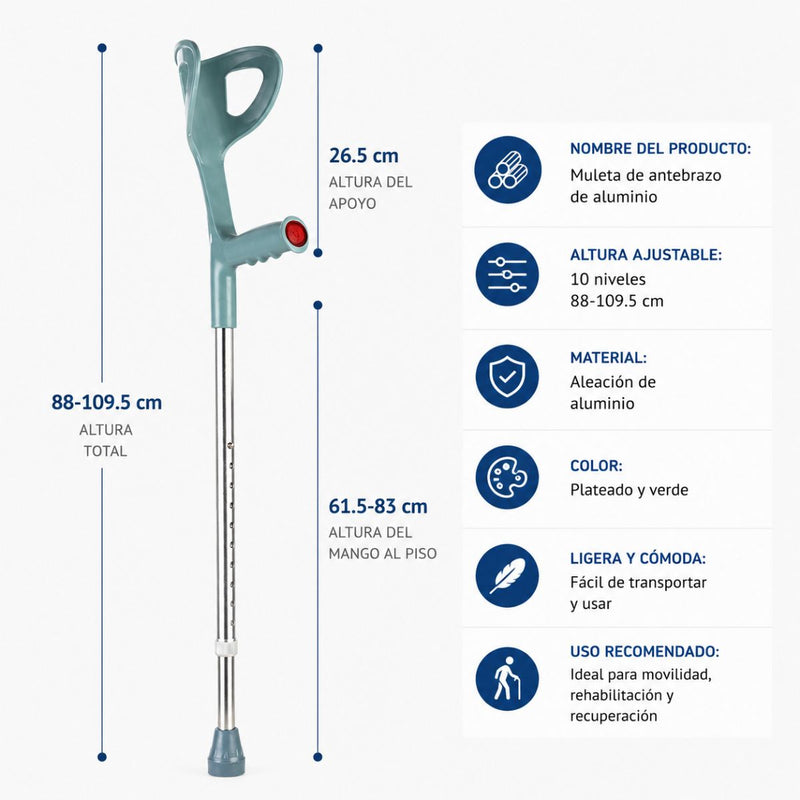 Bastón para adulto mayor Muleta Auxilar de Aluminio Ajustable para Rehabilitación y Apoyo al Caminar con Reflector (88-109.5cm)