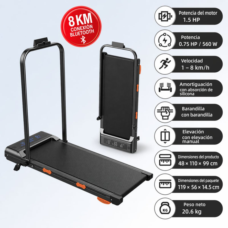 Caminadora eléctrica Cinta de Correr Plegable con Bluetooth 8KM, Motor 1.5HP. con Velocidad 1-8km/h y Baranda Manual Negra (48x110x99cm)