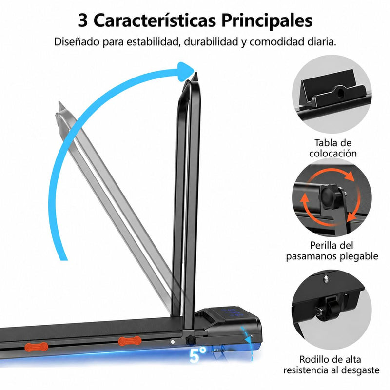 Caminadora eléctrica Cinta de Correr Plegable con Bluetooth 8KM, Motor 1.5HP. con Velocidad 1-8km/h y Baranda Manual Negra (48x110x99cm)