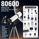 Telescopio Astronómico 80mm Distancia Focal 600mm de Alta Potencia con Trípode Ajustable, Lentes 6mm 10mm 25mm y Barlow 3X, Pantalla HD WiFi con  Filtro Solar y Lunar