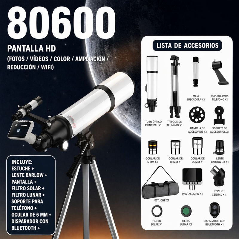 Telescopio Astronómico 80mm Distancia Focal 600mm de Alta Potencia con Trípode Ajustable, Lentes 6mm 10mm 25mm y Barlow 3X, Pantalla HD WiFi con  Filtro Solar y Lunar