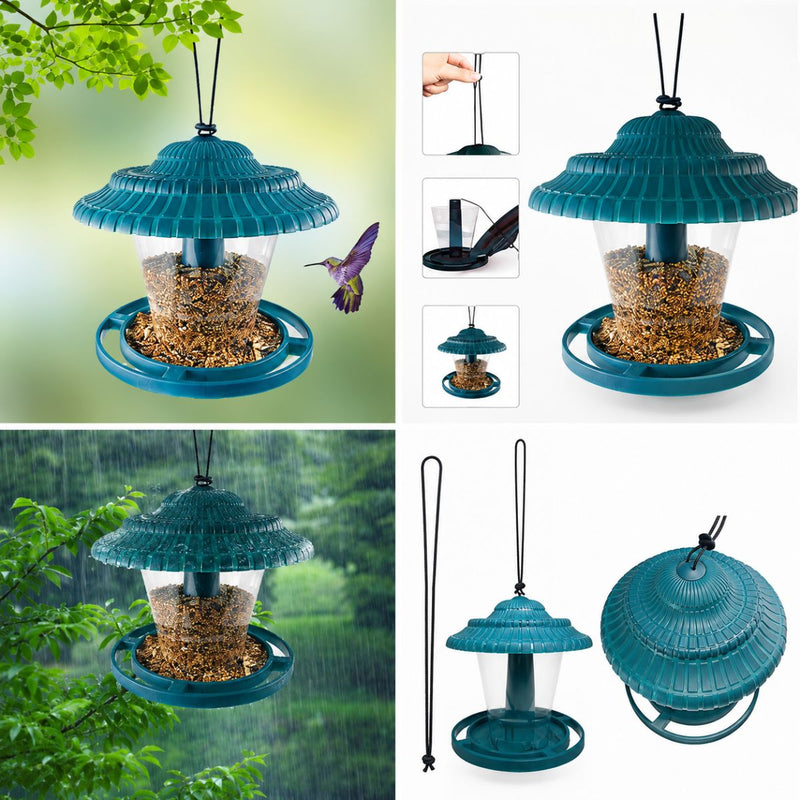 Comedero para Pájaros Silvestres. Alimentador de Aves Exterior de PS+PP. Color Verde para Jardín y Terraza. colgante (20x17.5cm)
