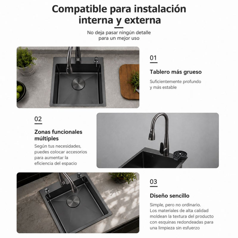 Fregador de Cocina 1 Tina SUS 304 Acero Inoxidable con Dispensador de Jabón. Lavaplatos Empotrable con Dispensador y Drenaje Anticondensación (44x49x21cm) Color Plomo