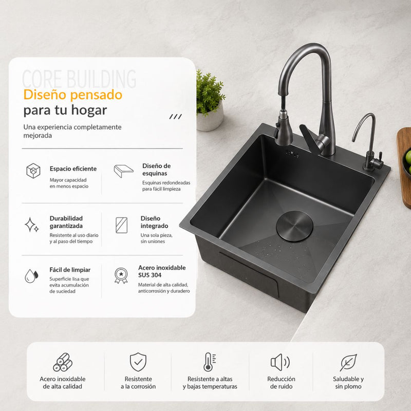 Fregador de Cocina 1 Tina SUS 304 Acero Inoxidable con Dispensador de Jabón. Lavaplatos Empotrable con Dispensador y Drenaje Anticondensación (60x49x21cm) Color Plomo