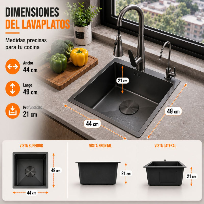 Fregador de Cocina 1 Tina SUS 304 Acero Inoxidable con Dispensador de Jabón. Lavaplatos Empotrable con Dispensador y Drenaje Anticondensación (44x49x21cm) Color Plomo