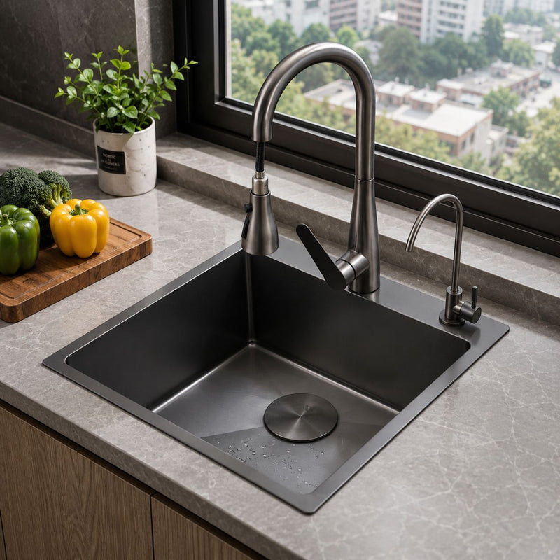 Fregador de Cocina 1 Tina SUS 304 Acero Inoxidable con Dispensador de Jabón. Lavaplatos Empotrable con Dispensador y Drenaje Anticondensación (44x49x21cm) Color Plomo