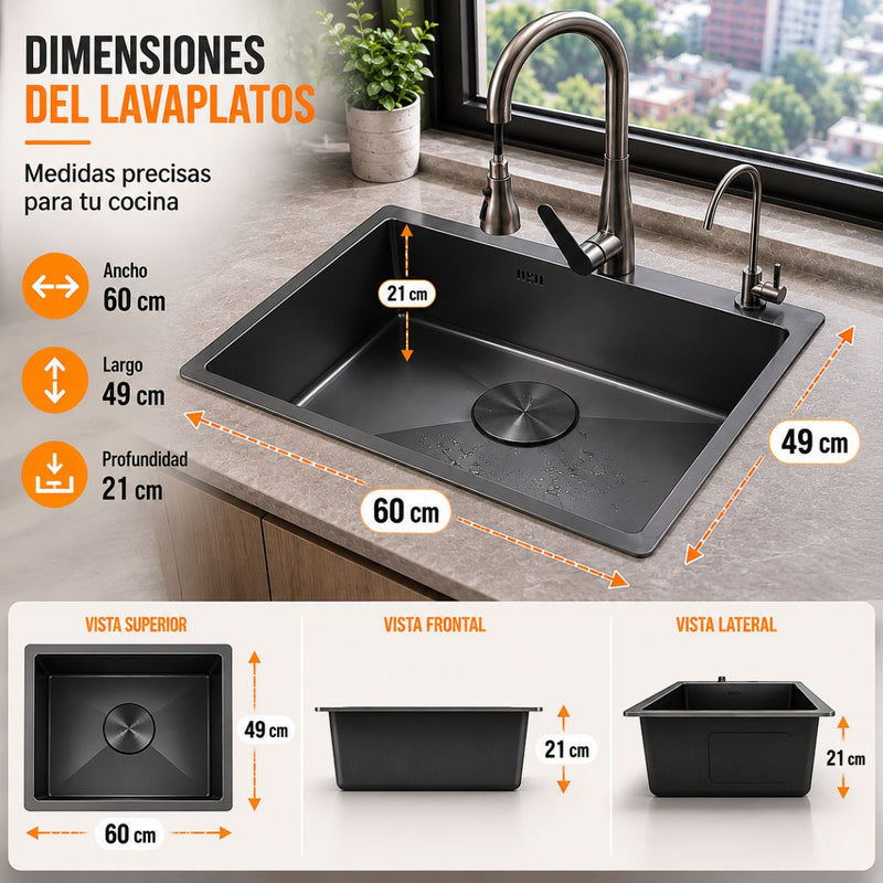 Fregador de Cocina 1 Tina SUS 304 Acero Inoxidable con Dispensador de Jabón. Lavaplatos Empotrable con Dispensador y Drenaje Anticondensación (60x49x21cm) Color Plomo