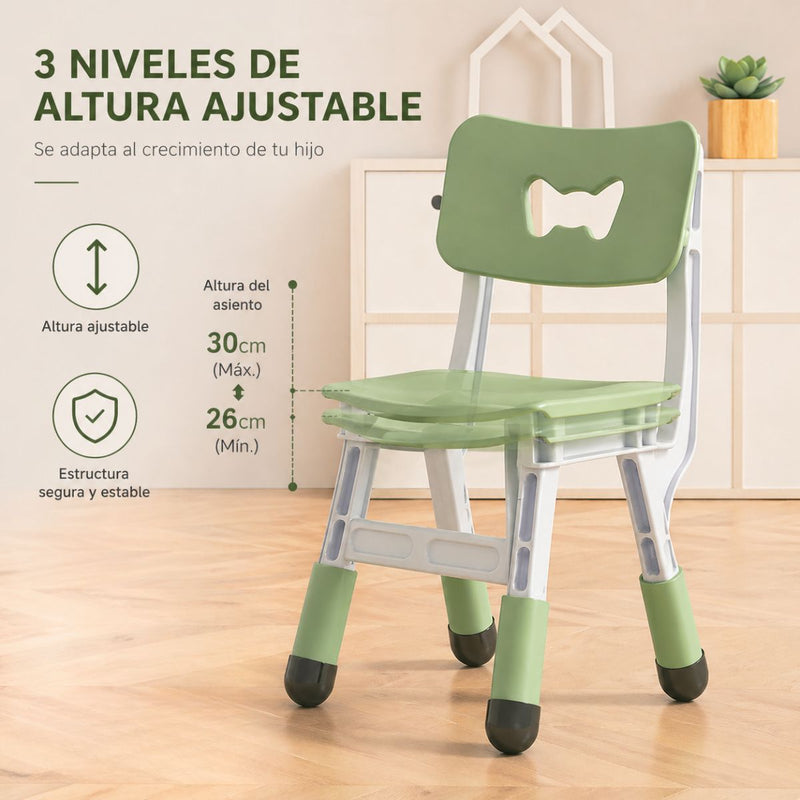 Mesa Infantil Ajustable con 2 Sillas para Niños con Altura Ajustable. Set Escritorio para Niños HDPE Ergonómico Multifuncional Antideslizante (80x60cm) Color Verde