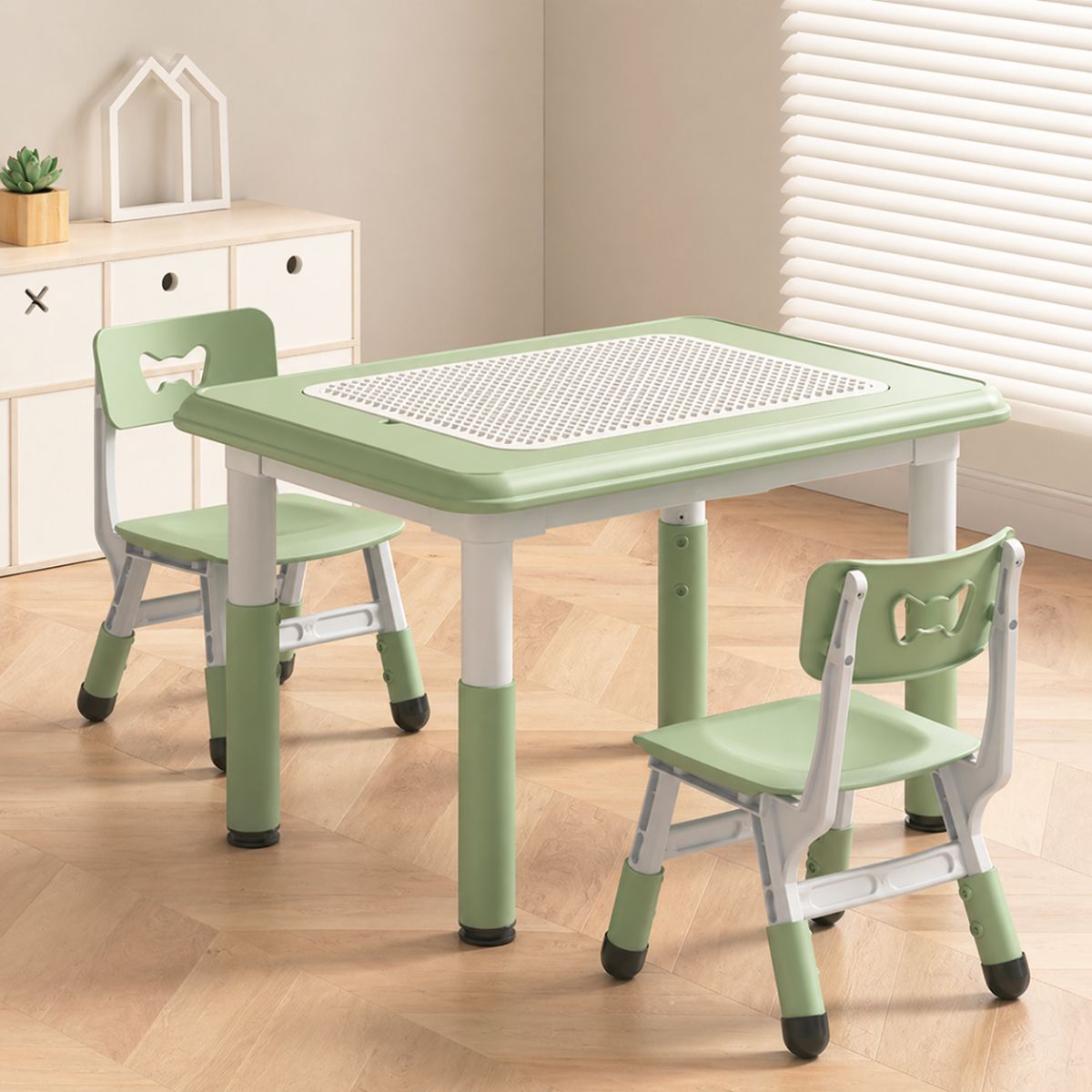 Mesa Infantil Ajustable con 2 Sillas para Niños con Altura Ajustable. Set Escritorio para Niños HDPE Ergonómico Multifuncional Antideslizante (80x60cm) Color Verde