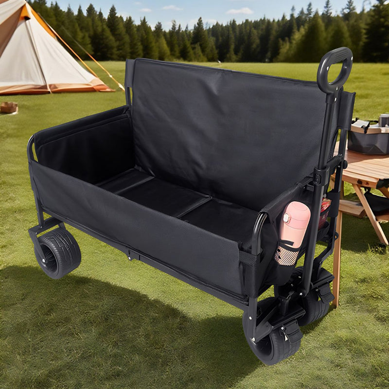 Carro Plegable de Carga con Ruedas Todo Terreno 150 Kg con Función silla Sofá. Estructura de Acero Resistente. Tela Oxford, Ruedas PVC y Asa Ajustable. Color Negro