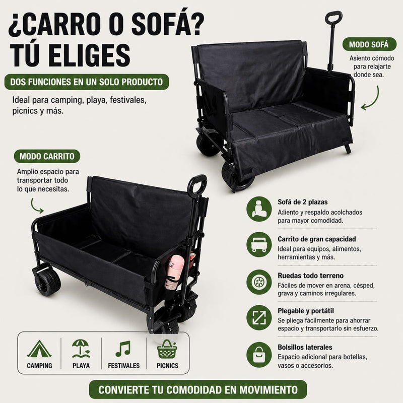 Carro Plegable de Carga con Ruedas Todo Terreno 150 Kg con Función silla Sofá. Estructura de Acero Resistente. Tela Oxford, Ruedas PVC y Asa Ajustable. Color Negro