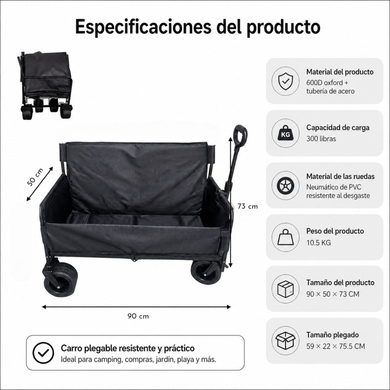 Carro Plegable de Carga con Ruedas Todo Terreno 150 Kg con Función silla Sofá. Estructura de Acero Resistente. Tela Oxford, Ruedas PVC y Asa Ajustable. Color Negro