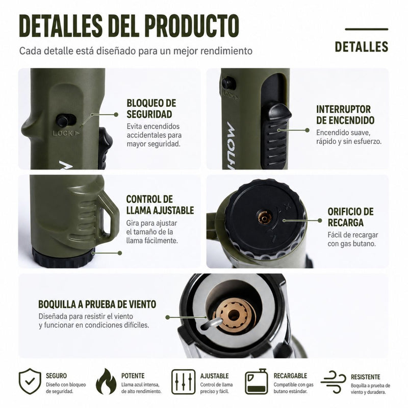 Encendedor Soplete Butano 1300°C Ajustable y Antiviento con Cabezal Flexible. Lighter con Seguro de Bloqueo para Camping Cocina BBQ. Color Verde Militar