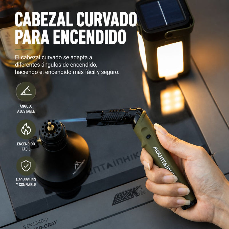 Encendedor Soplete Butano 1300°C Ajustable y Antiviento con Cabezal Flexible. Lighter con Seguro de Bloqueo para Camping Cocina BBQ. Color Verde Militar