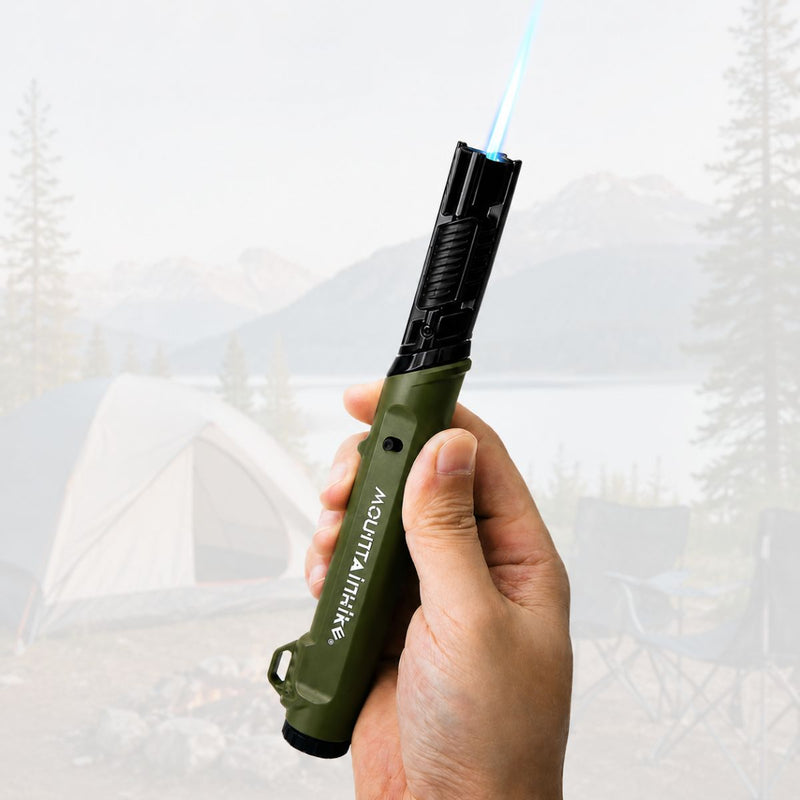 Encendedor Soplete Butano 1300°C Ajustable y Antiviento con Cabezal Flexible. Lighter con Seguro de Bloqueo para Camping Cocina BBQ. Color Verde Militar