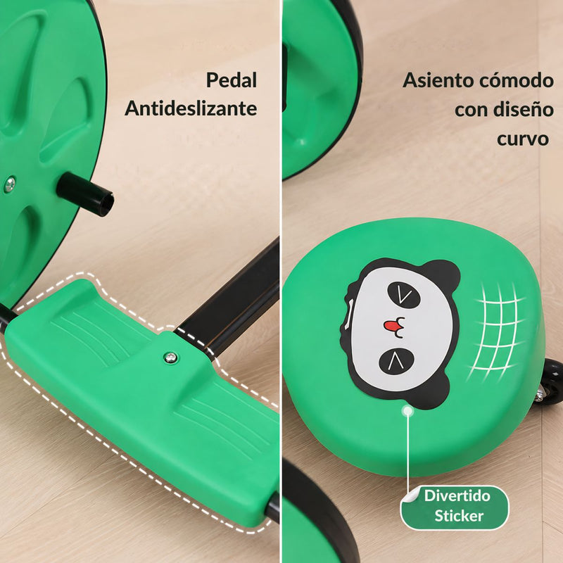 Carrito Giratorio Infantil 360° para Niños con 3 Ruedas. Balance Bike sin Pedales con Asiento abdominal Ergonómico y Base Antideslizante. Scooter Color Verde (72x57x38cm)