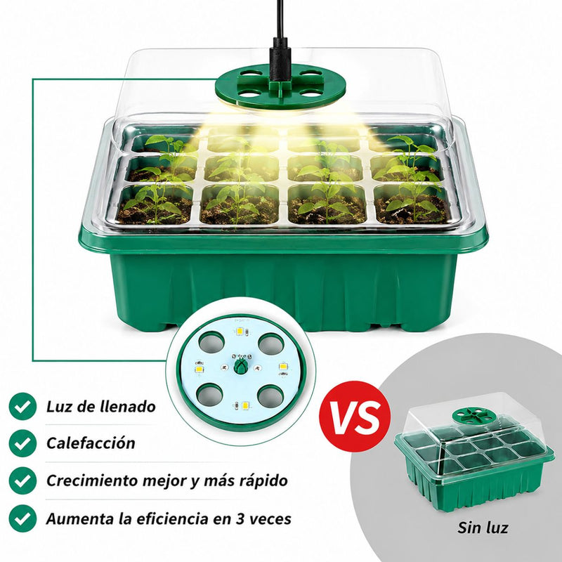 Semillero Germinador con Luz LED USB 12 Celdas (5 Bandejas). con Cúpula de Humedad Invernadero Portátil para Huerto Casero y Vivero. Color Verde