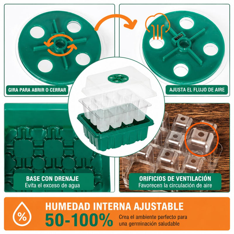 Semillero Germinador con Luz LED USB 12 Celdas (5 Bandejas). con Cúpula de Humedad Invernadero Portátil para Huerto Casero y Vivero. Color Verde