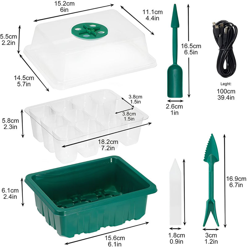 Semillero Germinador con Luz LED USB 12 Celdas (5 Bandejas). con Cúpula de Humedad Invernadero Portátil para Huerto Casero y Vivero. Color Verde