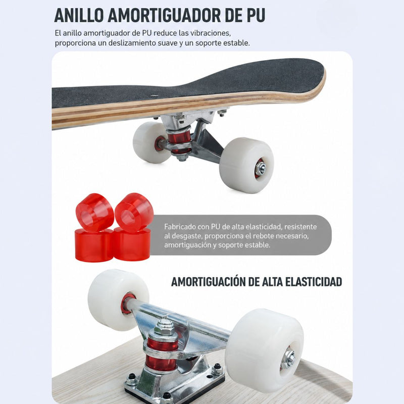 Patineta Skateboard Completa 31” Maple/Arce AAAA ABEC-7 con Ruedas PU 95A y Base Aluminio Skate Pro. Diseño Estampado Hojas Verdes