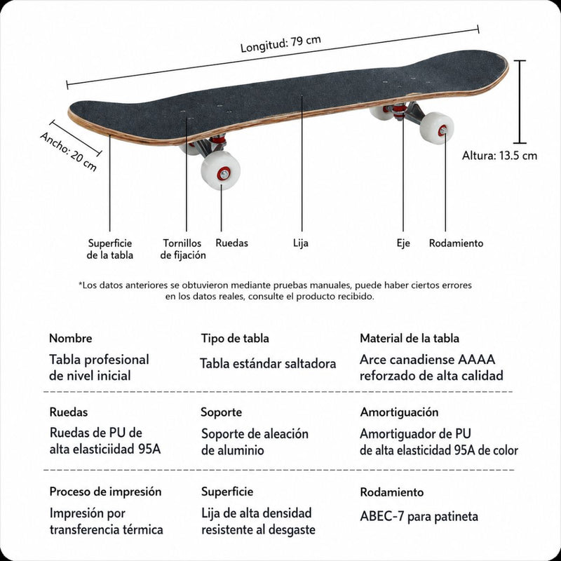 Patineta Skateboard Completa 31” Maple/Arce AAAA ABEC-7 con Ruedas PU 95A y Base Aluminio Skate Pro. Diseño Estampado Hojas Verdes