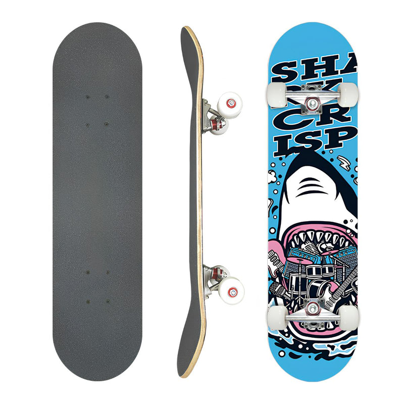 Patineta Skateboard Completa 31” Maple/Arce AAAA ABEC-7 con Ruedas PU 95A y Base Aluminio Skate Pro. Diseño Tiburón