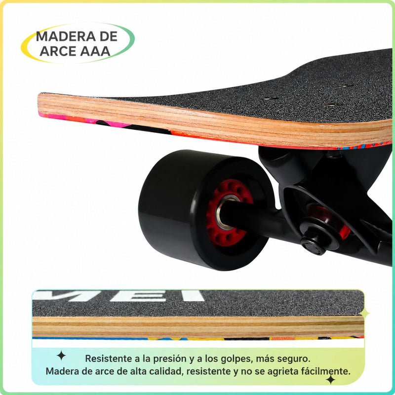 Patineta Profesional 42”. Longboard Skate Maple AAAA ABEC-11 Ruedas PU 70x51MM Tabla Doble Kick Long Skate. Estampado Multicolor.