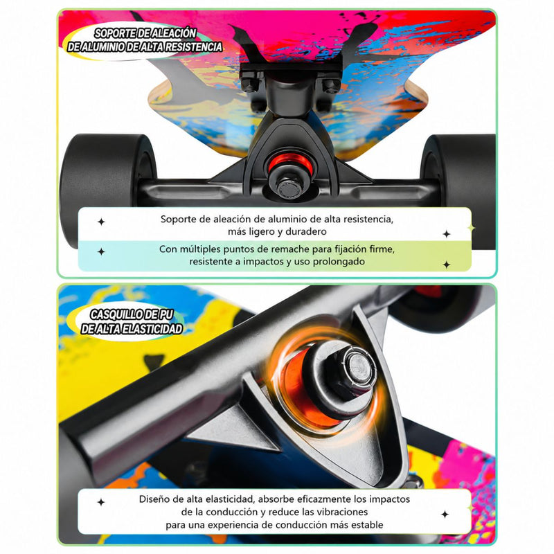 Patineta Profesional 42”. Longboard Skate Maple AAAA ABEC-11 Ruedas PU 70x51MM Tabla Doble Kick Long Skate. Estampado Multicolor.