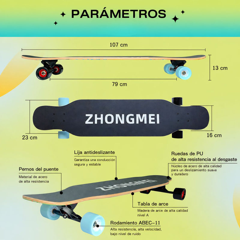 Patineta Profesional 42”. Longboard Skate Maple AAAA ABEC-11 Ruedas PU 70x51MM Tabla Doble Kick Long Skate. Estampado Multicolor.