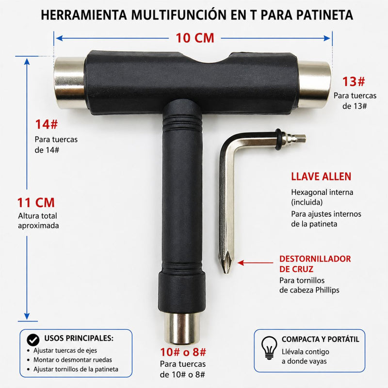 Llave T Skate para Patineta Longboard Scooter BMX. Herramienta Multifuncional 8 10 13 14 mm con Llave Allen y Destornillador