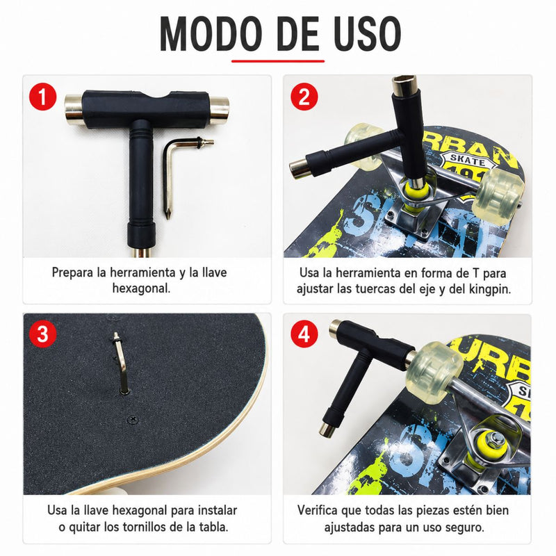 Llave T Skate para Patineta Longboard Scooter BMX. Herramienta Multifuncional 8 10 13 14 mm con Llave Allen y Destornillador