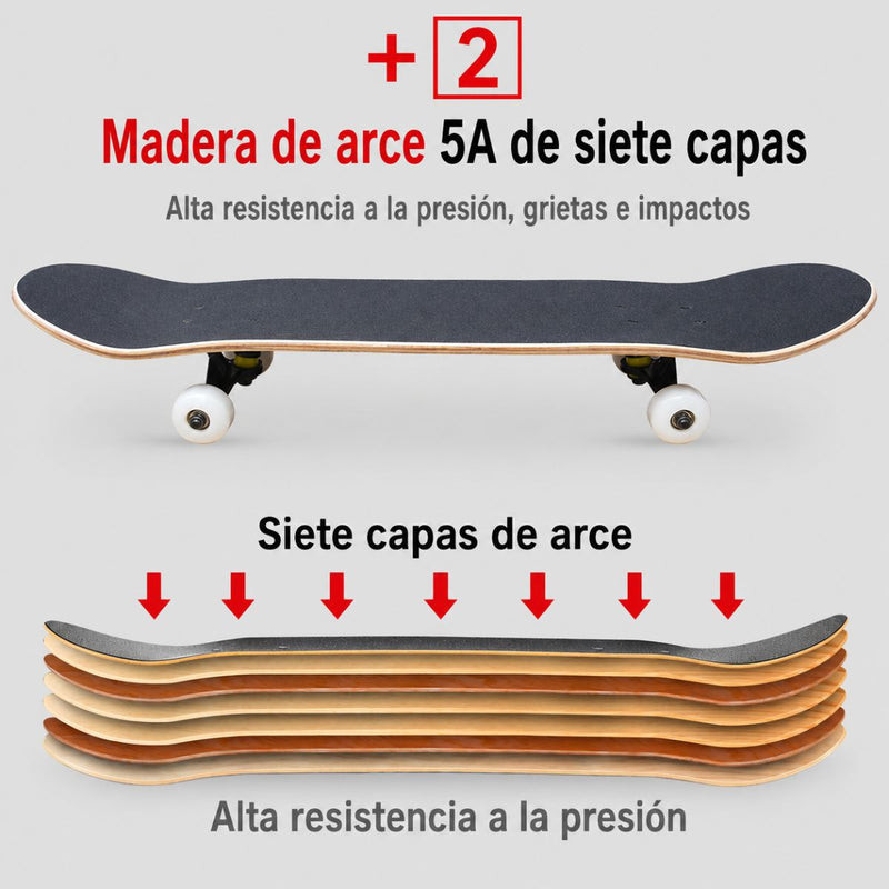 Patineta Skateboard Profesional 31” 7 Capas Maple 5A con Ruedas 95A y Base Aluminio para Niños y Adultos